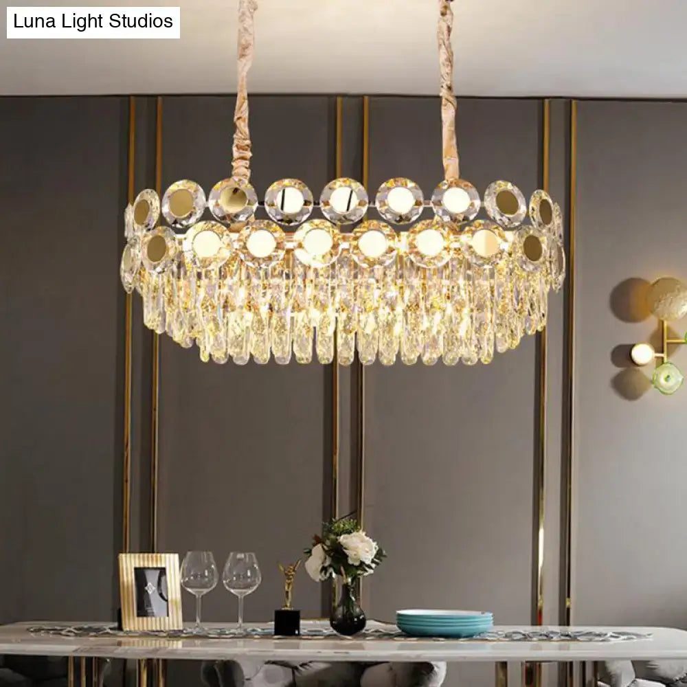 DecorBites™ 12-Head Gold Suspension Lighting Fixture: Oval Faceted Crystal Island Pendant, Postmodern Design