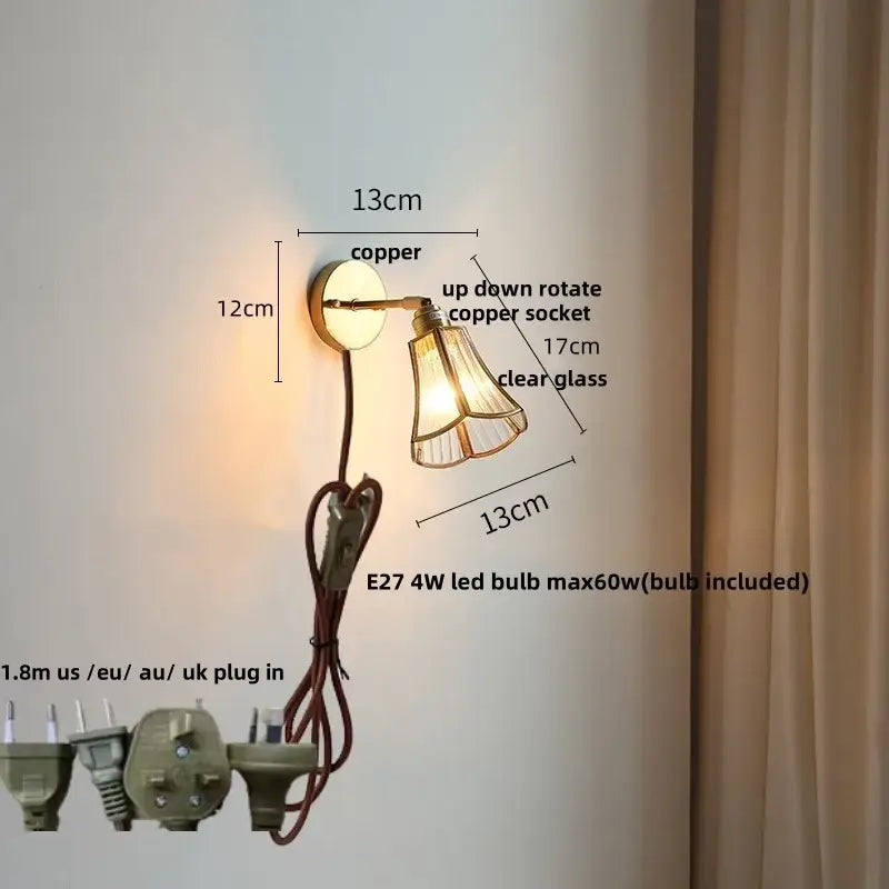 Modern gold fluted glass led wall lights bedroom sconce with chain