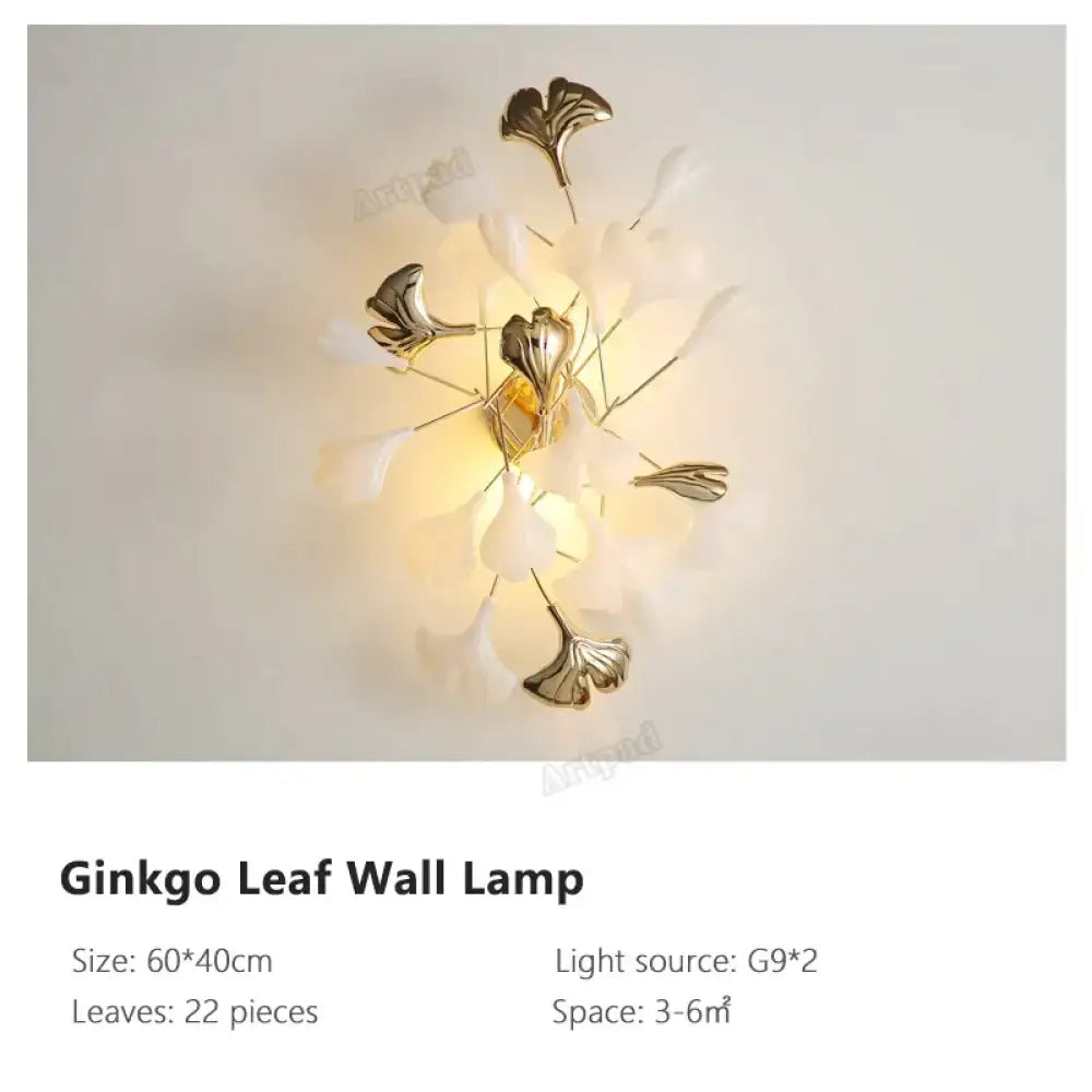 Modern gold ginkgo leaf porcelain wall sconce bedroom light