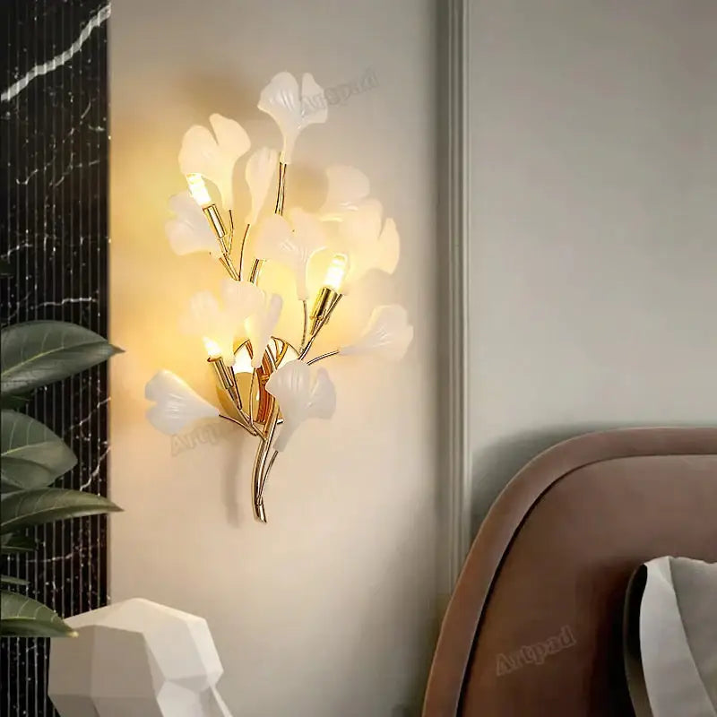 Modern gold ginkgo leaf porcelain wall sconce bedroom light