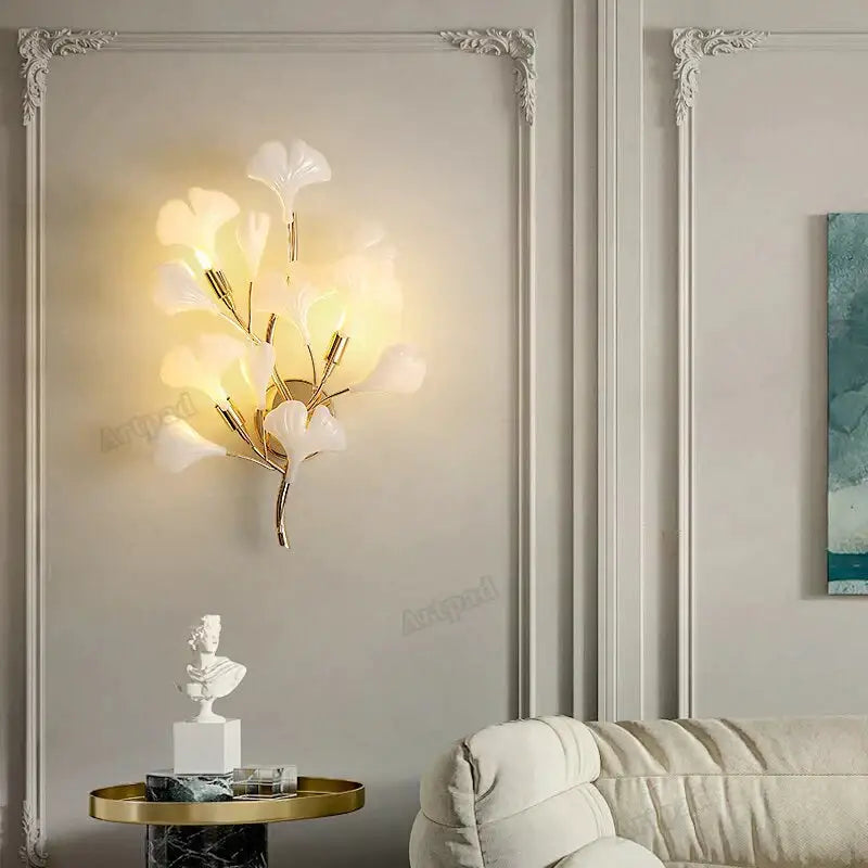 Modern gold ginkgo leaf porcelain wall sconce bedroom light