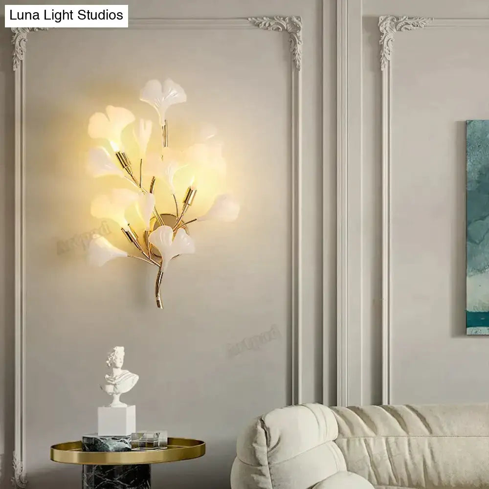 Modern gold ginkgo leaf porcelain wall sconce bedroom light