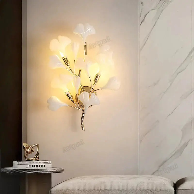 Modern gold ginkgo leaf porcelain wall sconce bedroom light