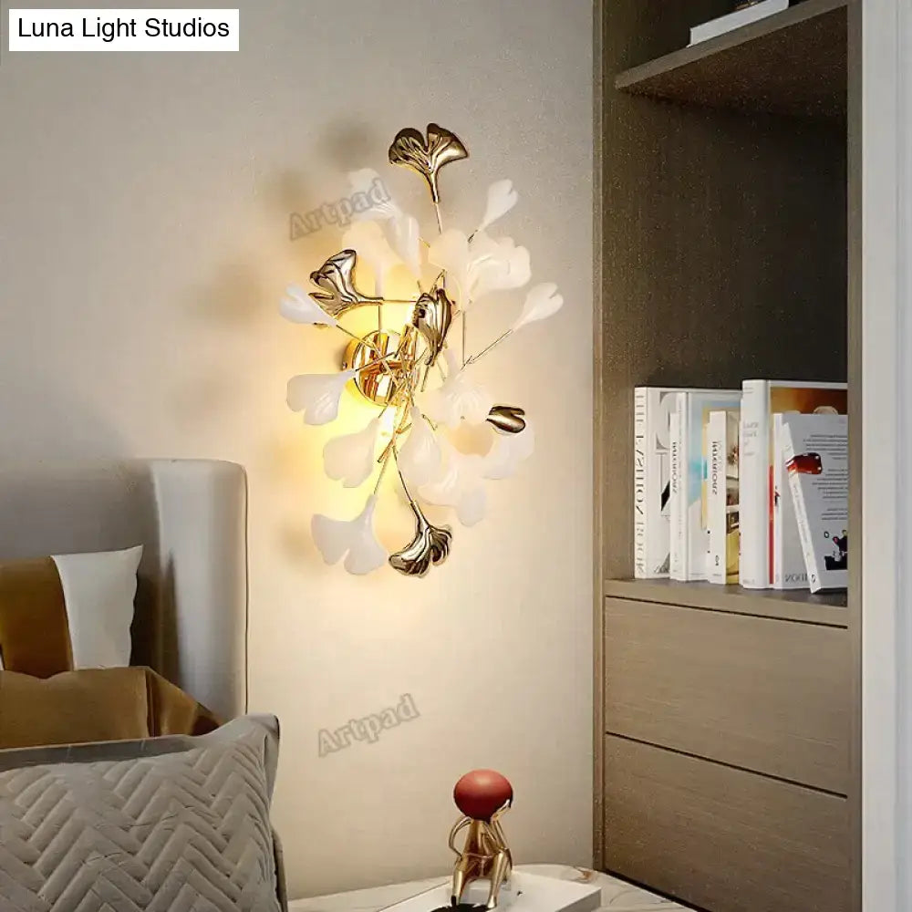 Modern gold ginkgo leaf porcelain wall sconce bedroom light