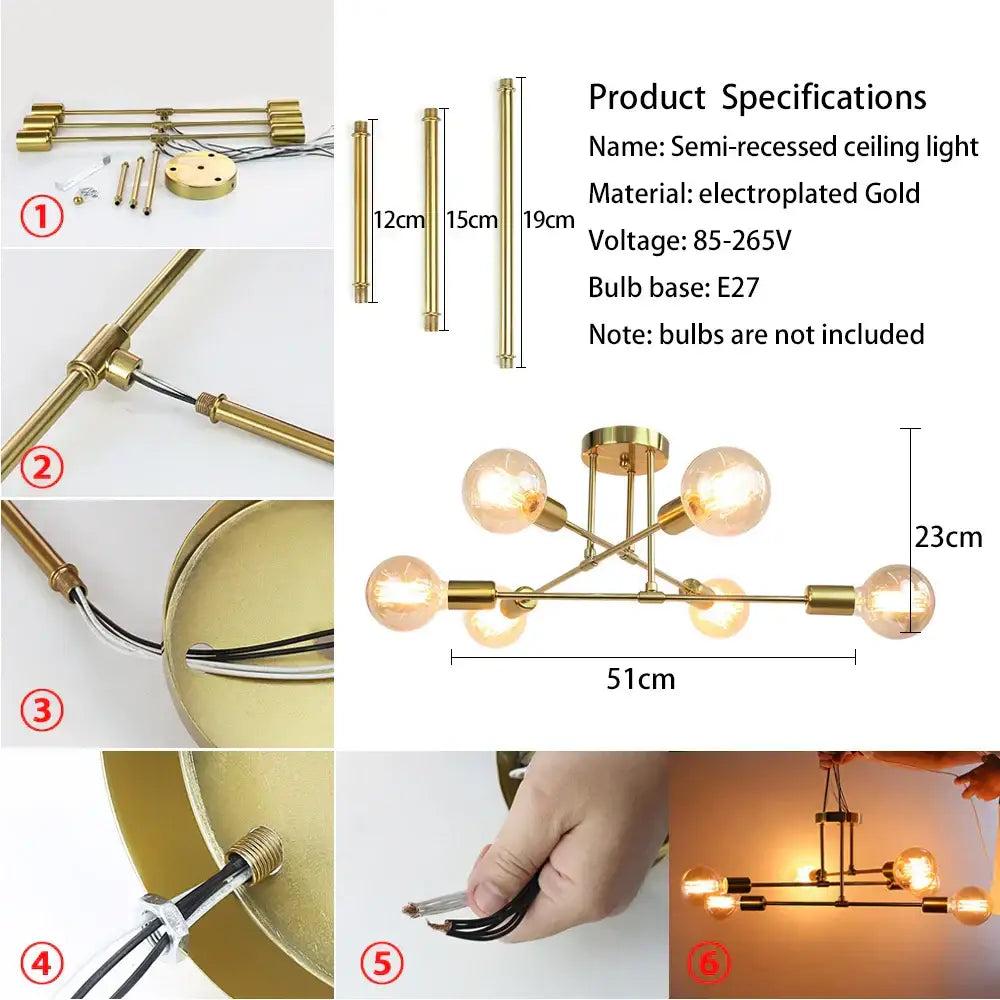Modern gold industrial led ceiling lights for living room