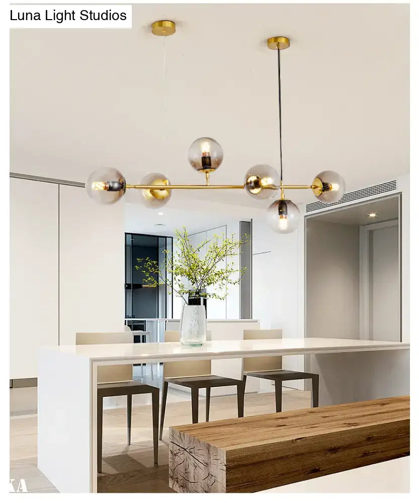 DecorBites™ Modern Gold Island Pendant Light with 6 Lights - Spherical Glass Ceiling Fixture for Dining Table