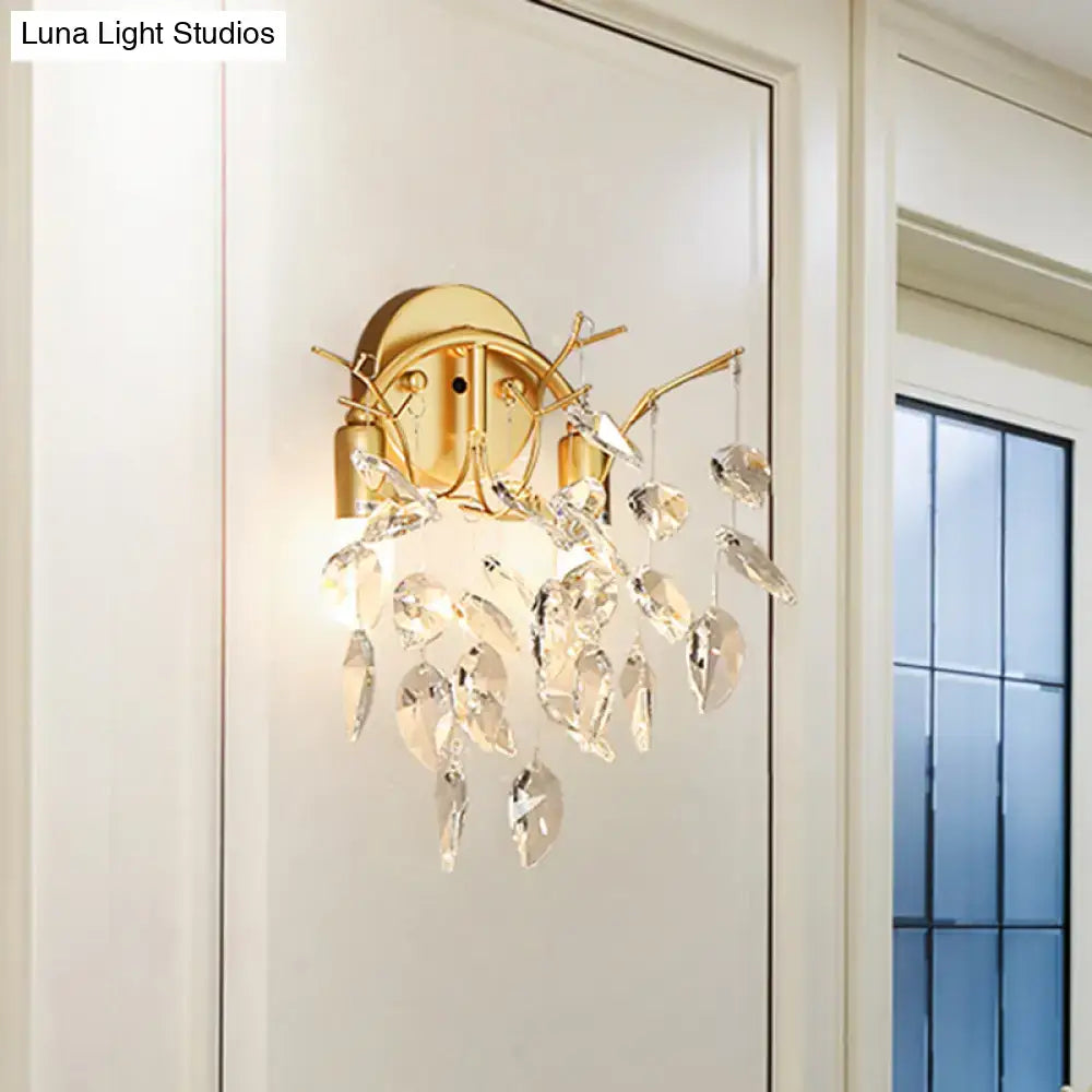 Modern gold leaf wall lamp with beveled crystal for living room