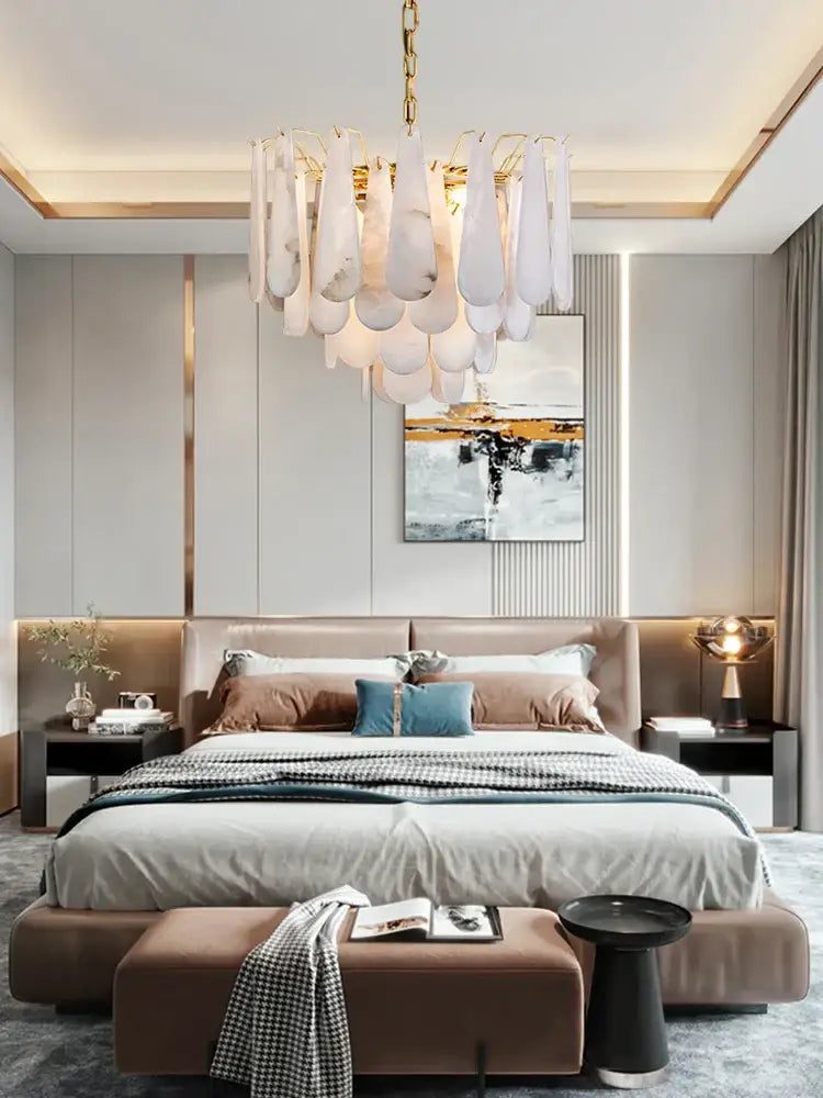 Modern gold led dimmable marble chandelier for dining room
