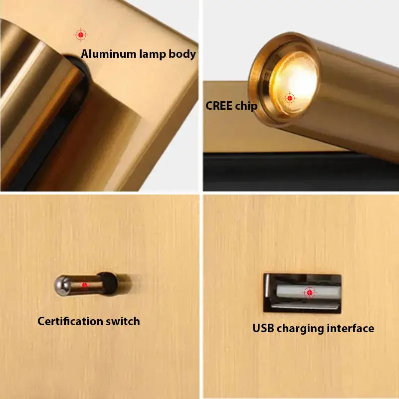 Modern gold led wall sconce with usb charging – bedroom reading light
