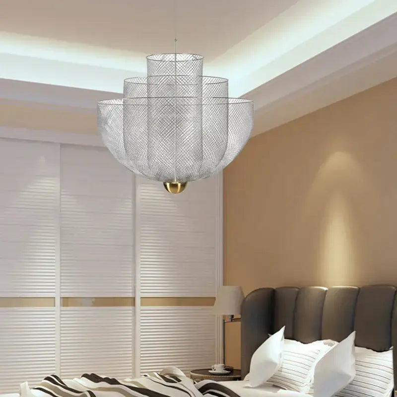 Modern gold mesh tiered dimmable led chandelier dining room pendant light