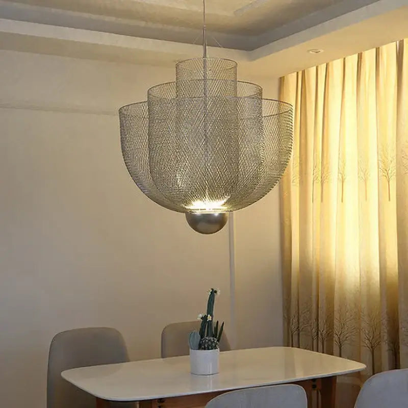 Modern gold mesh tiered dimmable led chandelier dining room pendant light