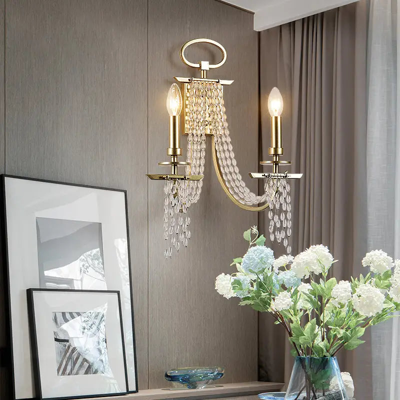 DecorBites™ Modern Gold Metal Candle Wall Sconce with Crystal Tassel - Luxurious 2-Head Wall Light
