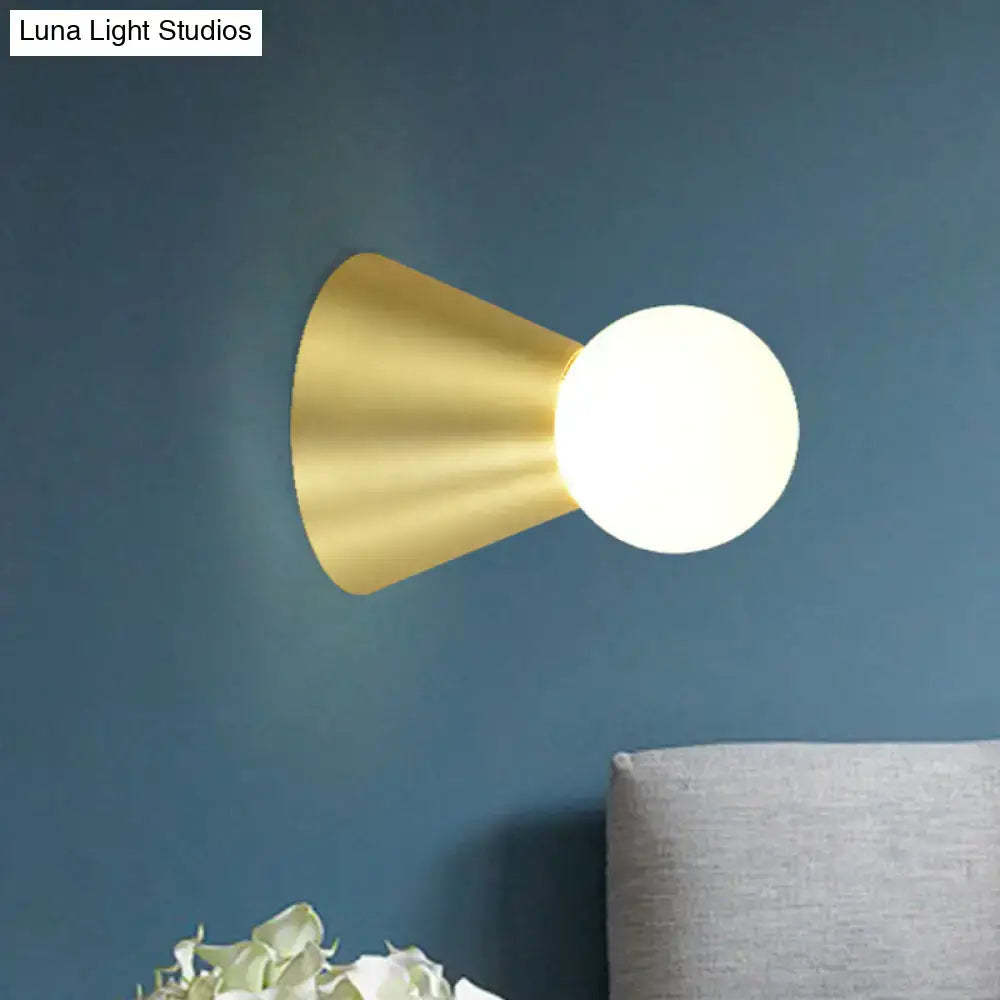 Modern gold metal conical sconce wall light bedroom frosted globe
