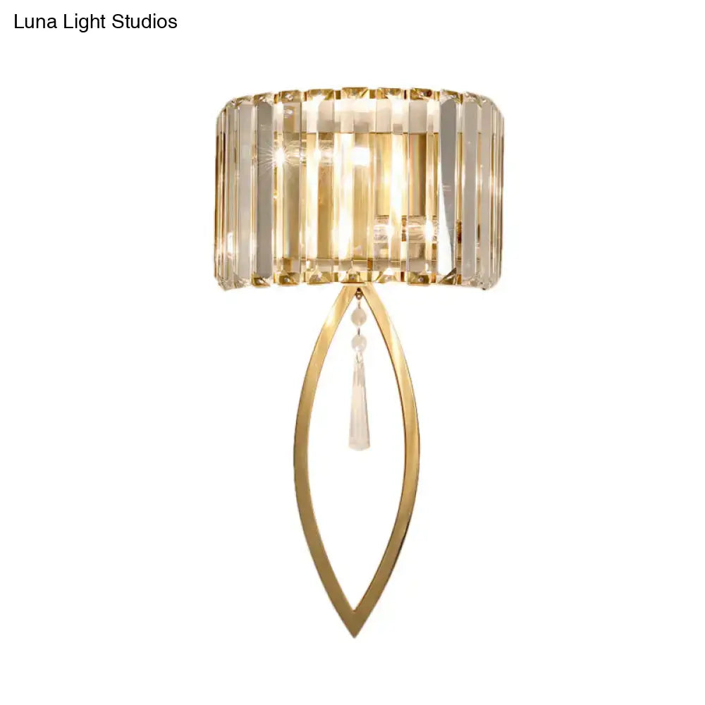 Modern gold metallic drum shade wall light – living room crystal sconce