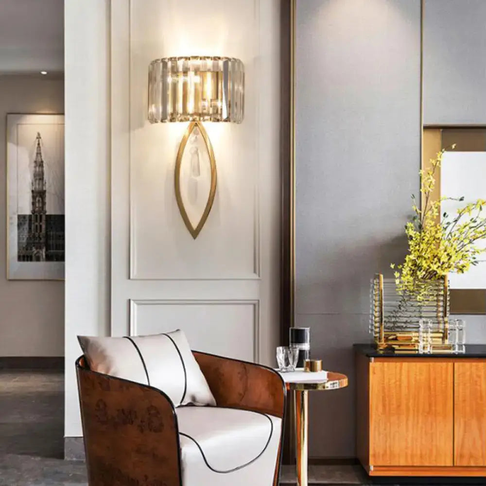 Modern gold metallic drum shade wall light – living room crystal sconce