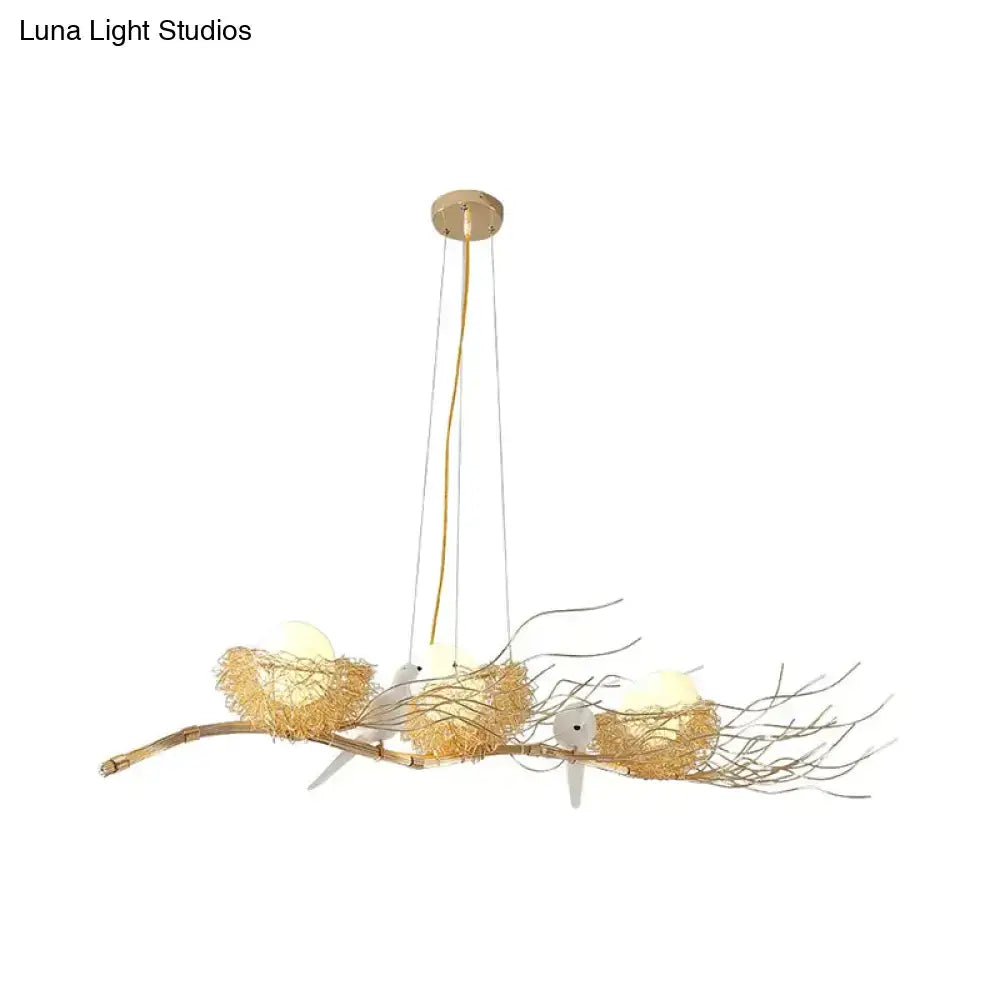 DecorBites™ Modern Gold Nest Island Pendant Chandelier with Bird Decor - 3 Head Metal Lighting