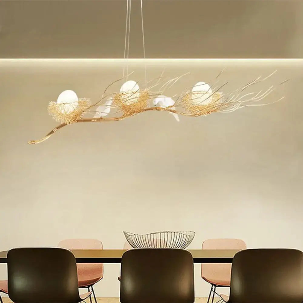 DecorBites™ Modern Gold Nest Island Pendant Chandelier with Bird Decor - 3 Head Metal Lighting