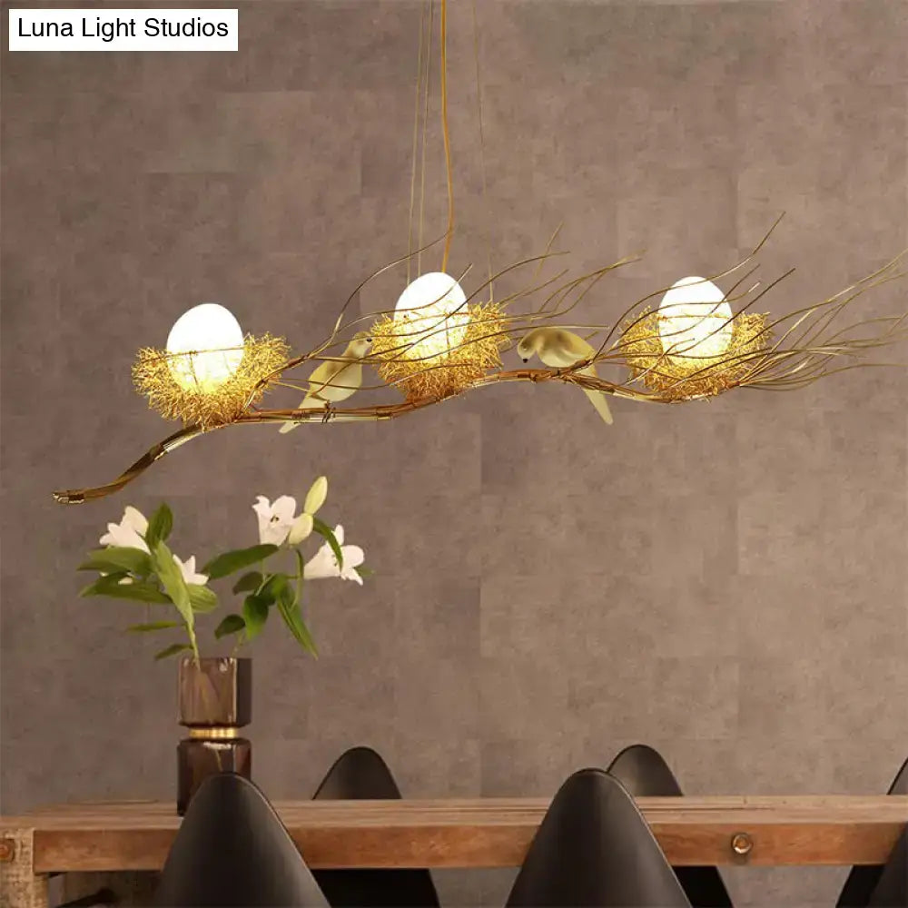 DecorBites™ Modern Gold Nest Island Pendant Chandelier with Bird Decor - 3 Head Metal Lighting