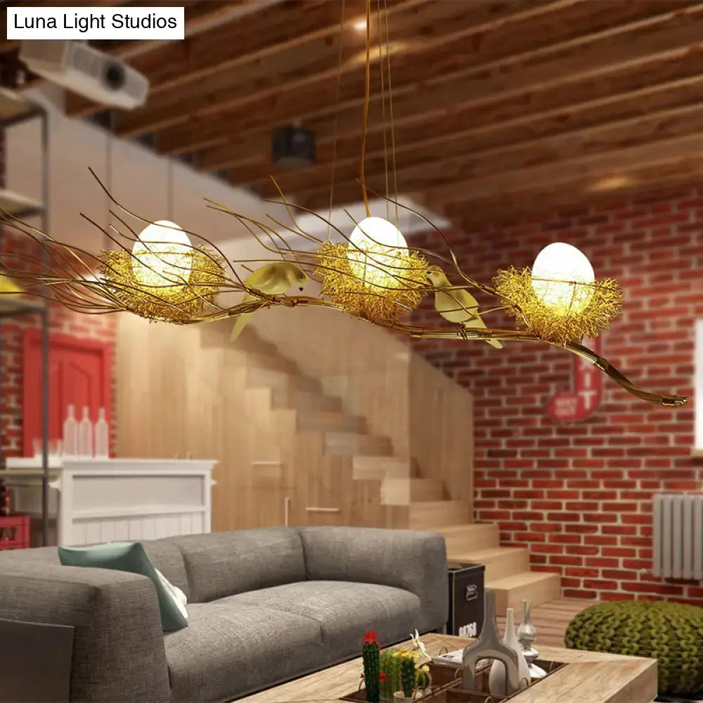 DecorBites™ Modern Gold Nest Island Pendant Chandelier with Bird Decor - 3 Head Metal Lighting