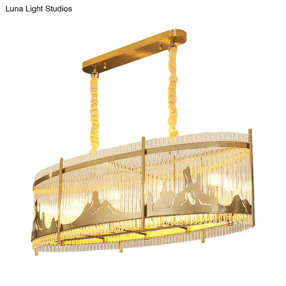 DecorBites™ Modern Oval Crystal Rod Island Pendant Lamp with Gold Carved Mountain Pattern