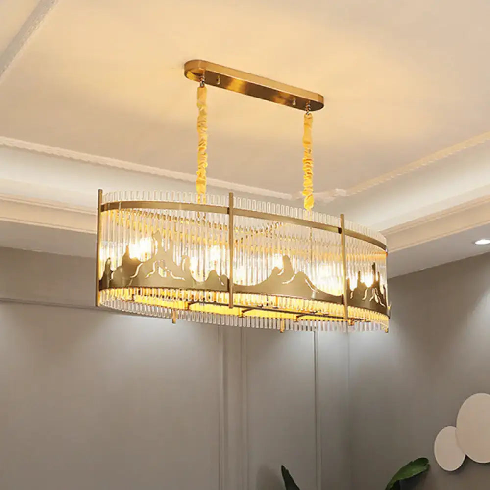 DecorBites™ Modern Oval Crystal Rod Island Pendant Lamp with Gold Carved Mountain Pattern