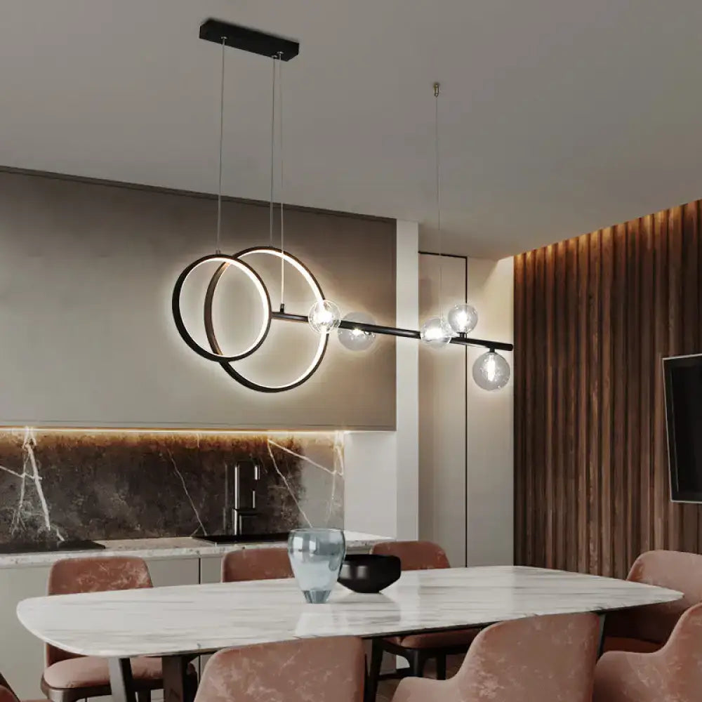 DecorBites™ Contemporary Linear and Ring LED Pendant Light for Dining Room - Metal Hanging Island Light with Clear Glass Shade