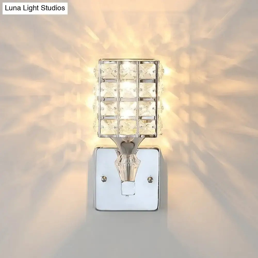 DecorBites™ Clear Crystal and Metal Cubic Shade Wall Sconce: Modern, Stylish 1 Light Fixture (Silver/Gold) for Bedroom