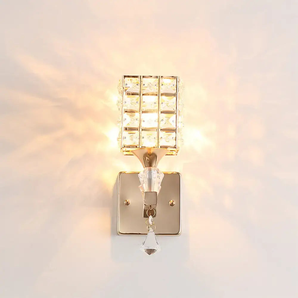 DecorBites™ Clear Crystal and Metal Cubic Shade Wall Sconce: Modern, Stylish 1 Light Fixture (Silver/Gold) for Bedroom