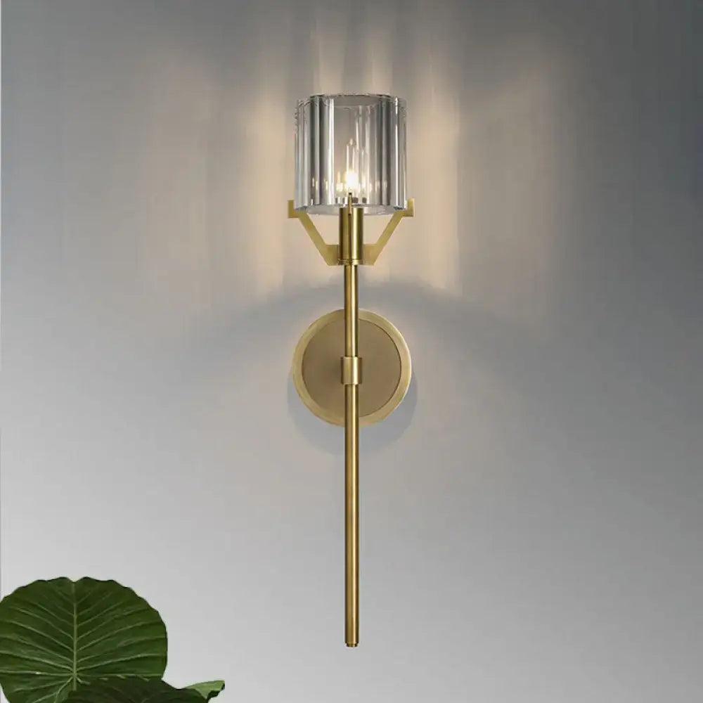 Modern gold wall light with clear crystal block cylinder bedroom