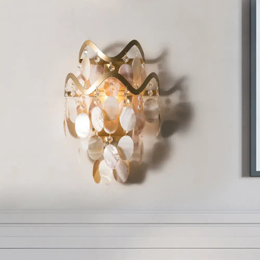 DecorBites™ Wave Sconce Light - Gold Wall Mount with Flower Crystal/Shell Accent