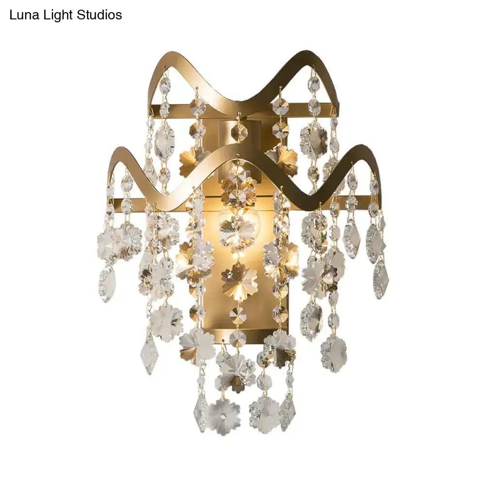 DecorBites™ Wave Sconce Light - Gold Wall Mount with Flower Crystal/Shell Accent