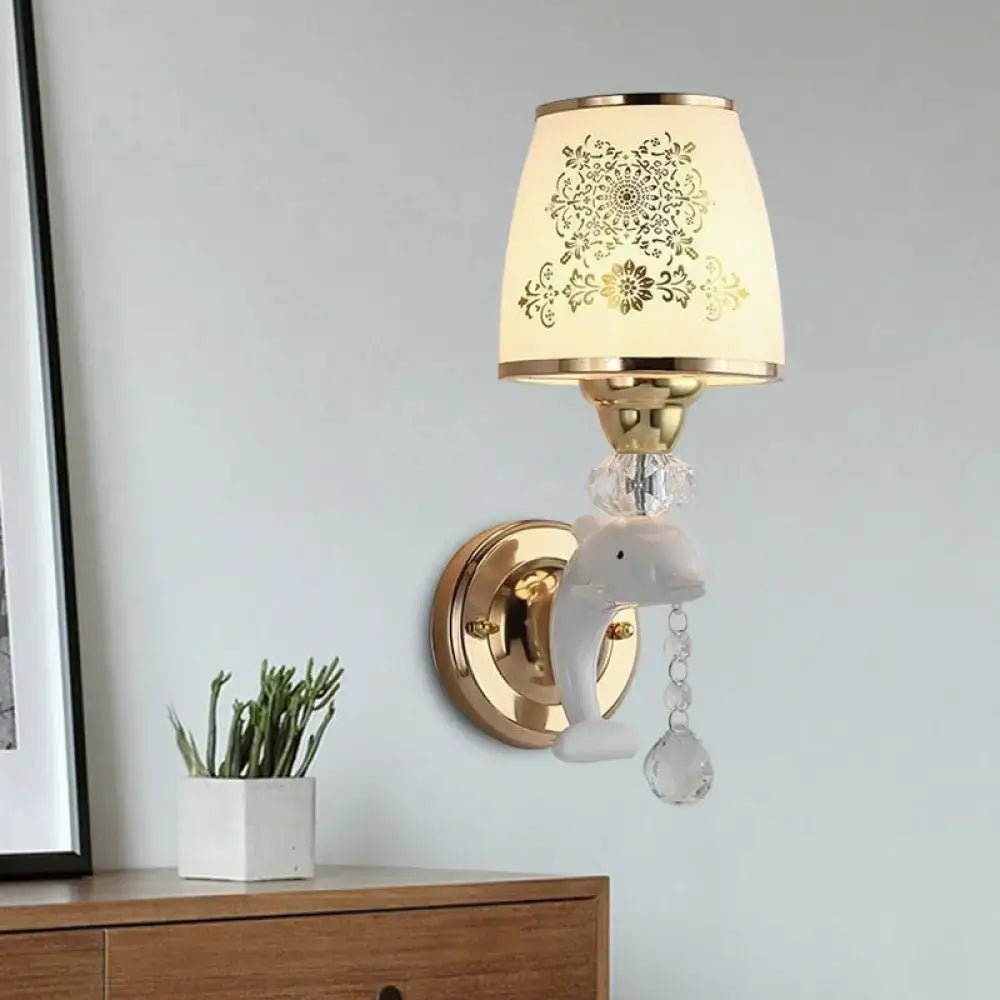 Modern gold & white dolphin wall sconce bedroom opal glass shade
