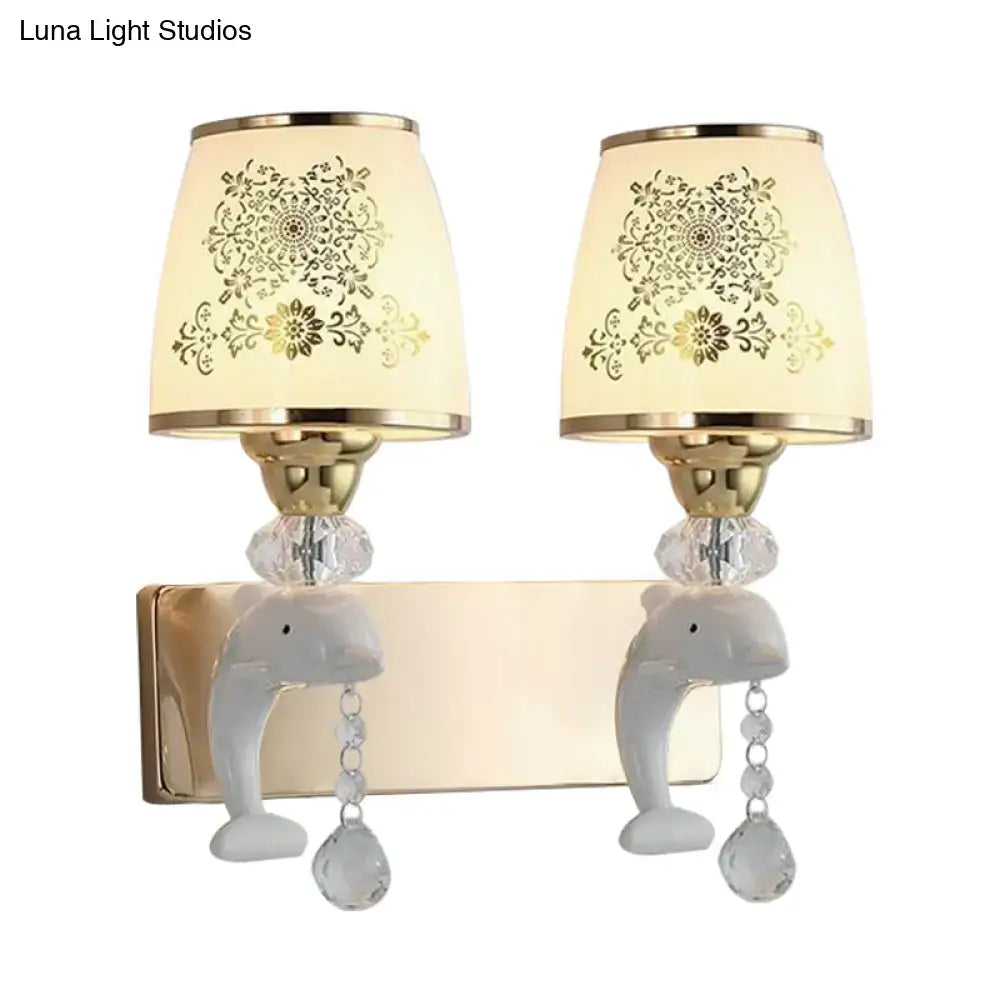 Modern gold & white dolphin wall sconce bedroom opal glass shade