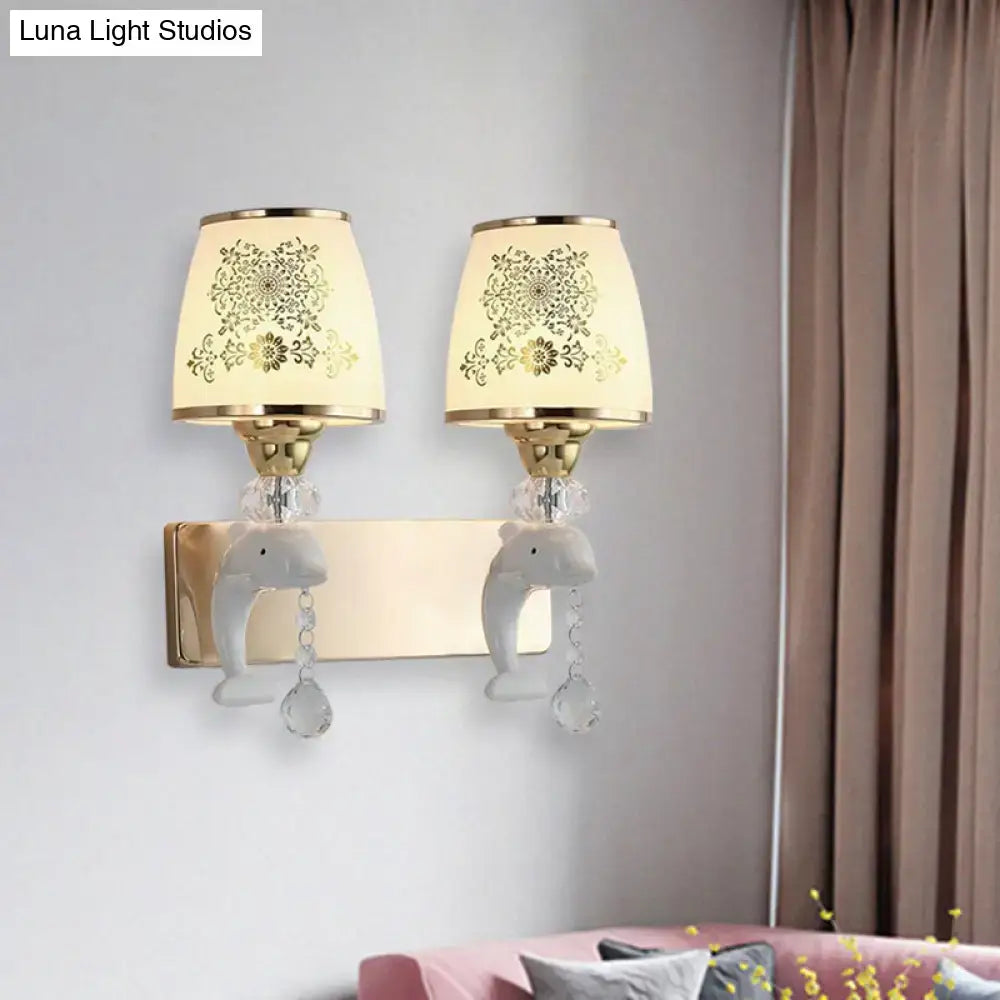 Modern gold & white dolphin wall sconce bedroom opal glass shade