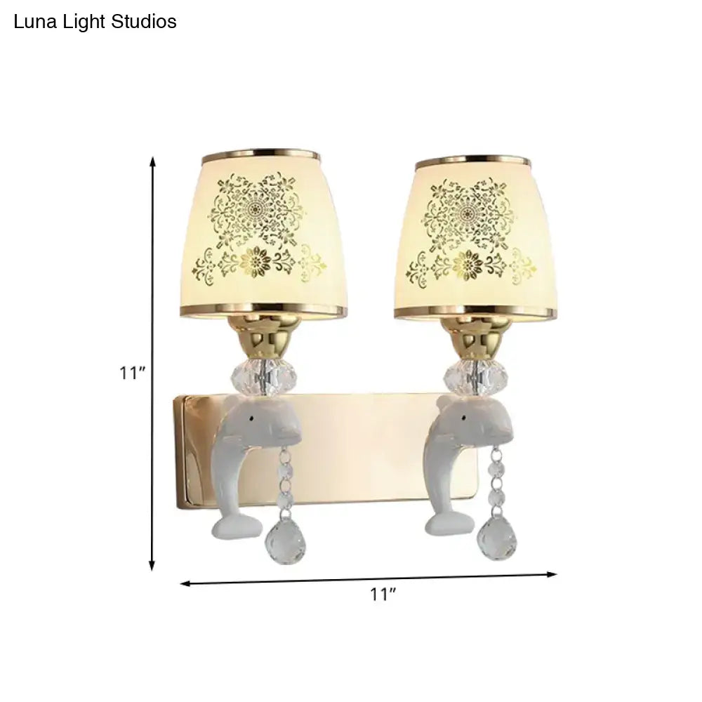 Modern gold & white dolphin wall sconce bedroom opal glass shade