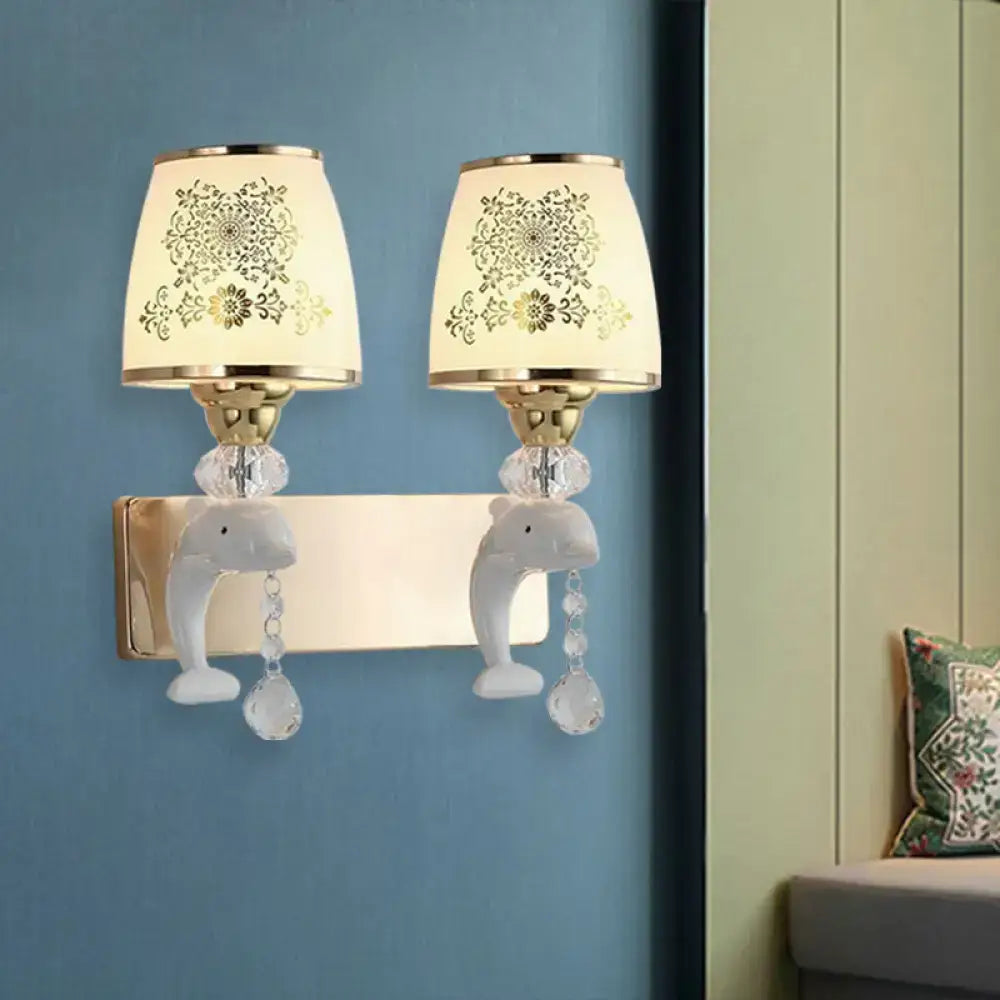 Modern gold & white dolphin wall sconce bedroom opal glass shade