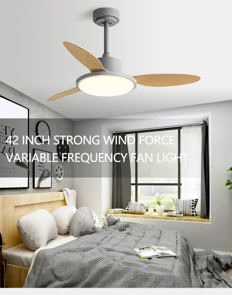 Modern gray and light wood led modern design ceiling fan bedroom