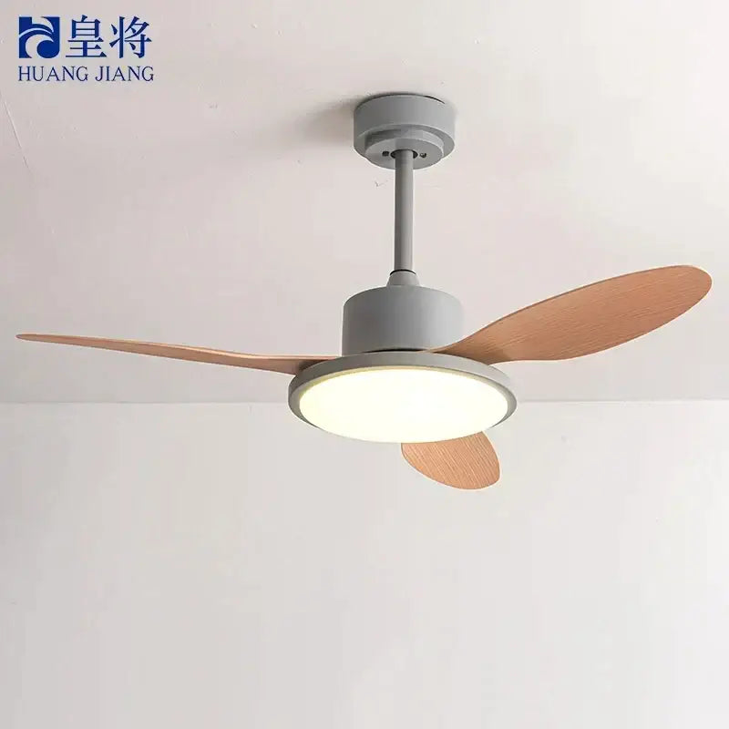 Modern gray and light wood led modern design ceiling fan bedroom