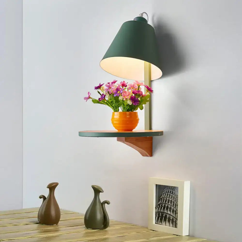 DecorBites™ Nordic Style 1-Light Metal Wall Sconce with Wooden Supporter - White/Gray Tapered Shade