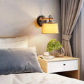 Modern grey drum shade wall lamp with wood arm for bedroom lighting