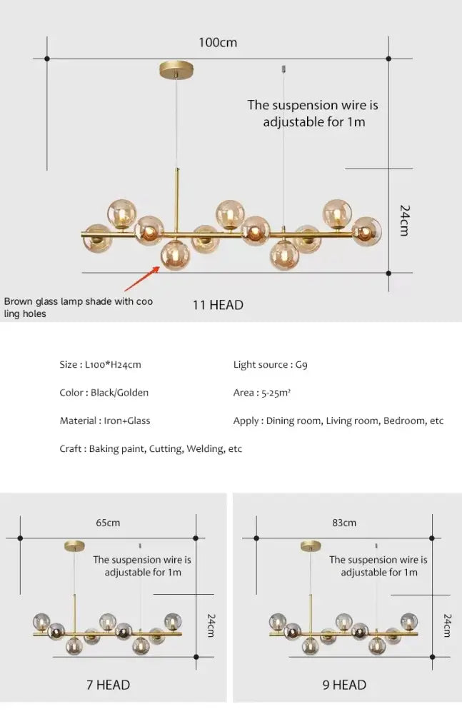 Modern black & gold head ring chandelier dining room amber glass globes