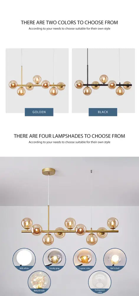 Modern black & gold head ring chandelier dining room amber glass globes
