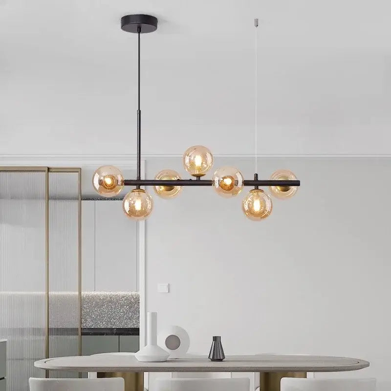 Modern black & gold head ring chandelier dining room amber glass globes