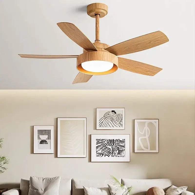 Modern light wood 5-blade ceiling fan with remote control led light bedroom