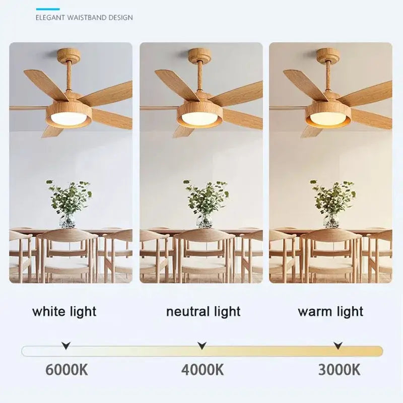 Modern light wood 5-blade ceiling fan with remote control led light bedroom