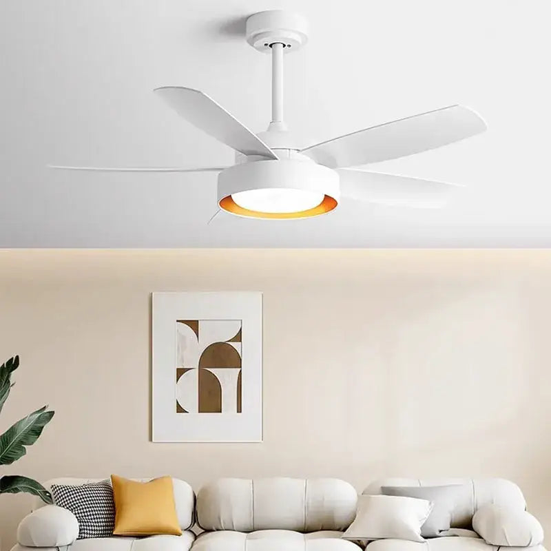 Modern light wood 5-blade ceiling fan with remote control led light bedroom