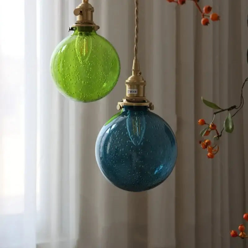 Modern lime & teal blue bubble glass ball pendant light dining room