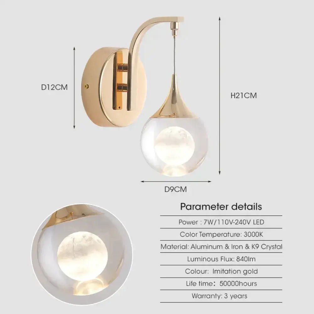 Modern luxurious crystal led wall sconce gold curved lamp for bedroom