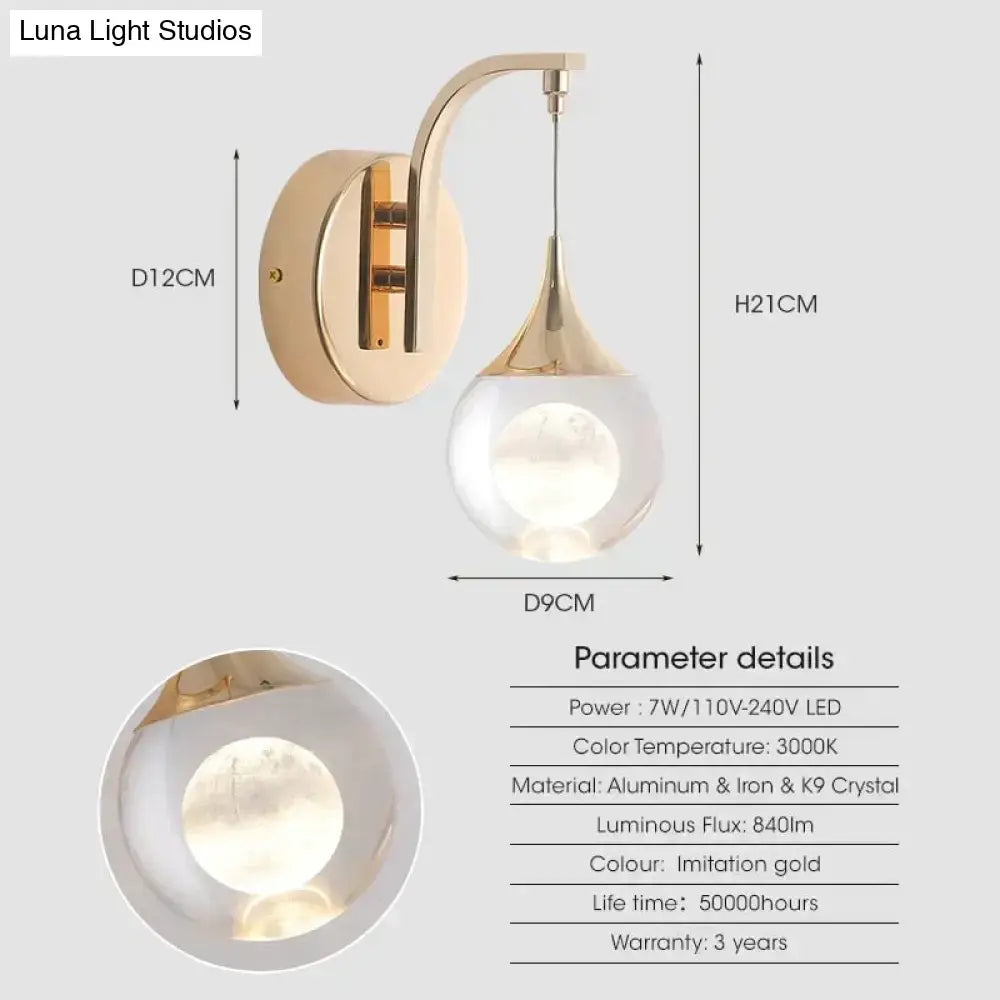 Modern luxurious crystal led wall sconce gold curved lamp for bedroom