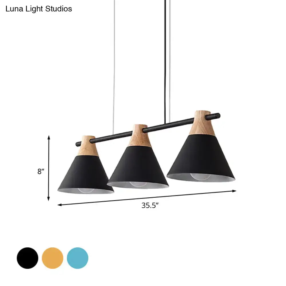 DecorBites™ Modern Macaron Cone Hanging Light Pendant - 3 Heads Island Fixture in Black/White/Blue with Wood Accents - Ideal for Dining Table